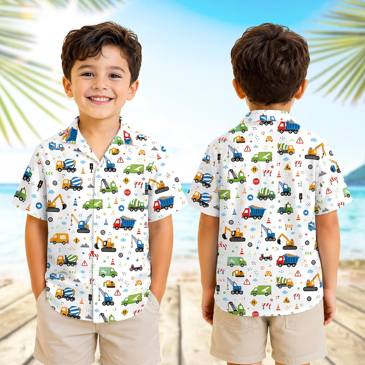 Lifestyle view showing a person wearing the matching family hawaiian shirts outdoors
