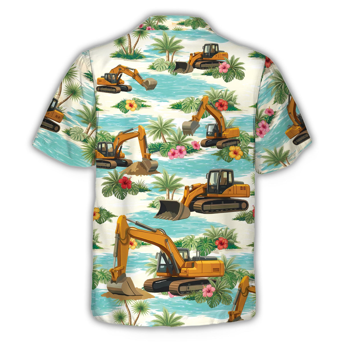 Construction hawaiian shirt featuring yellow excavators and tropical scenery, back view