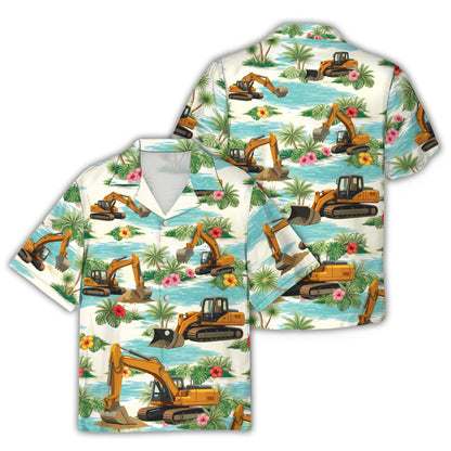 Construction hawaiian shirt featuring yellow excavators and tropical scenery, front view