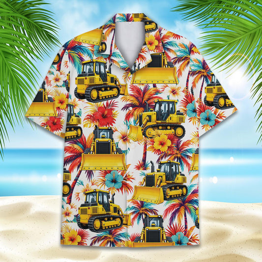 Construction vehicles hawaiian shirt with tropical palm tree design, front view