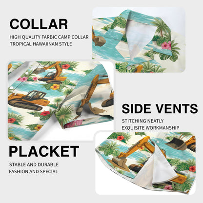 Construction hawaiian shirt featuring yellow excavators and tropical scenery, detail view