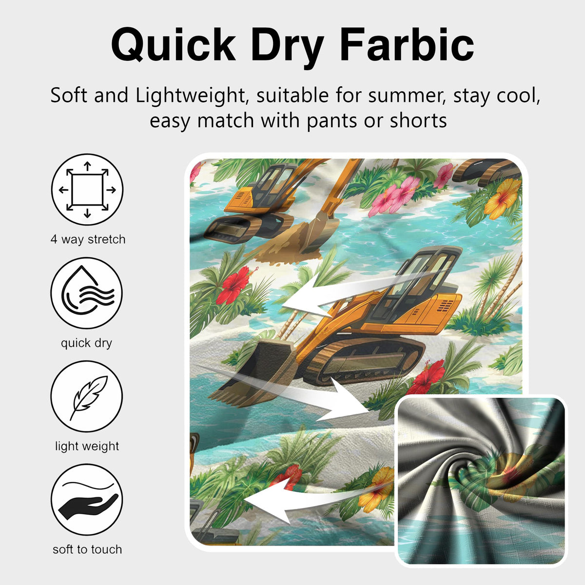 Construction hawaiian shirt featuring yellow excavators and tropical scenery, lifestyle view