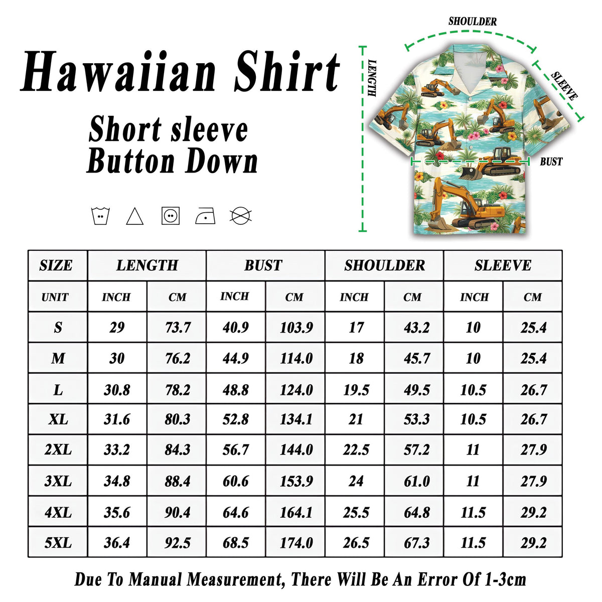 Construction hawaiian shirt featuring yellow excavators and tropical scenery, close up view