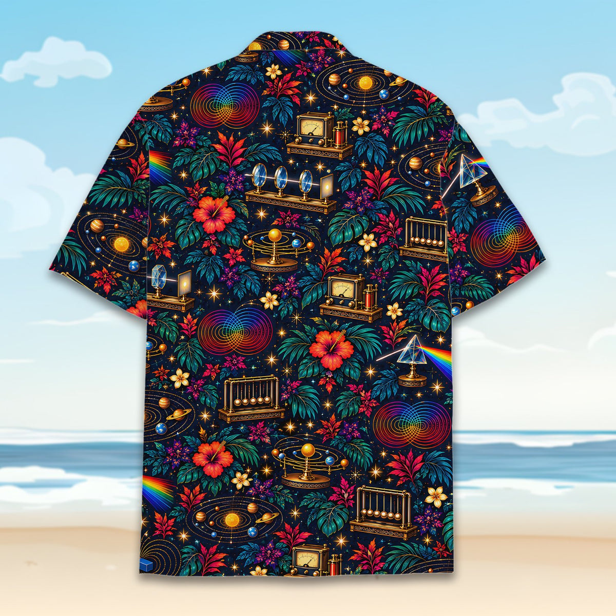 Back view of the matching family hawaiian shirts featuring a cosmic science floral design