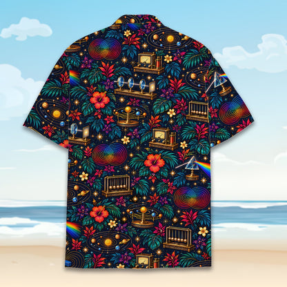 Back view of the matching family hawaiian shirts featuring a cosmic science floral design