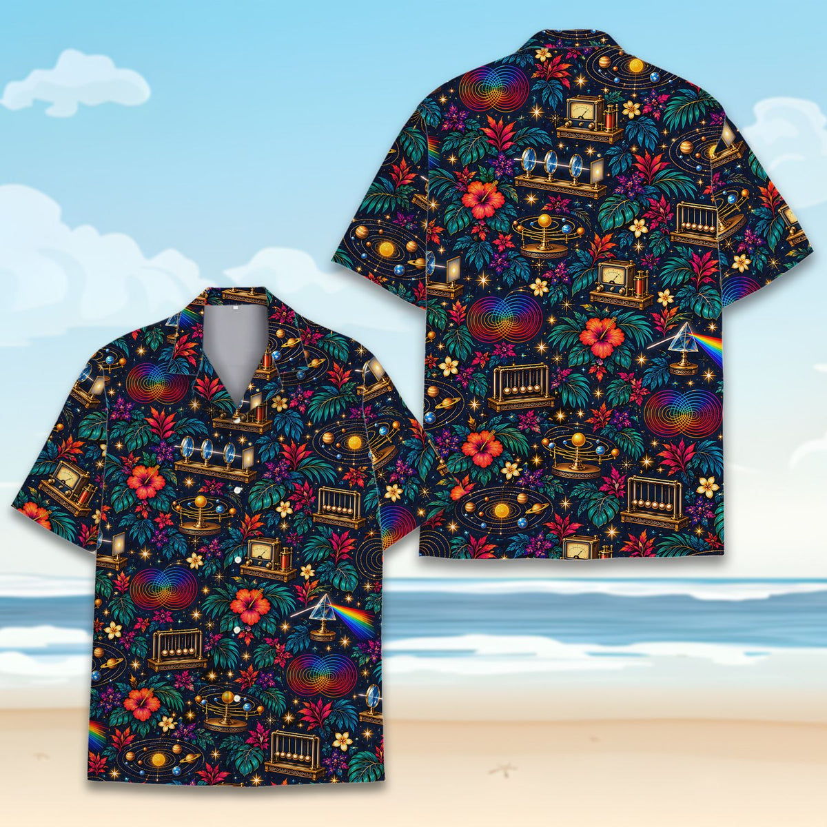 Alternate front view of the cosmic science floral Hawaiian shirt