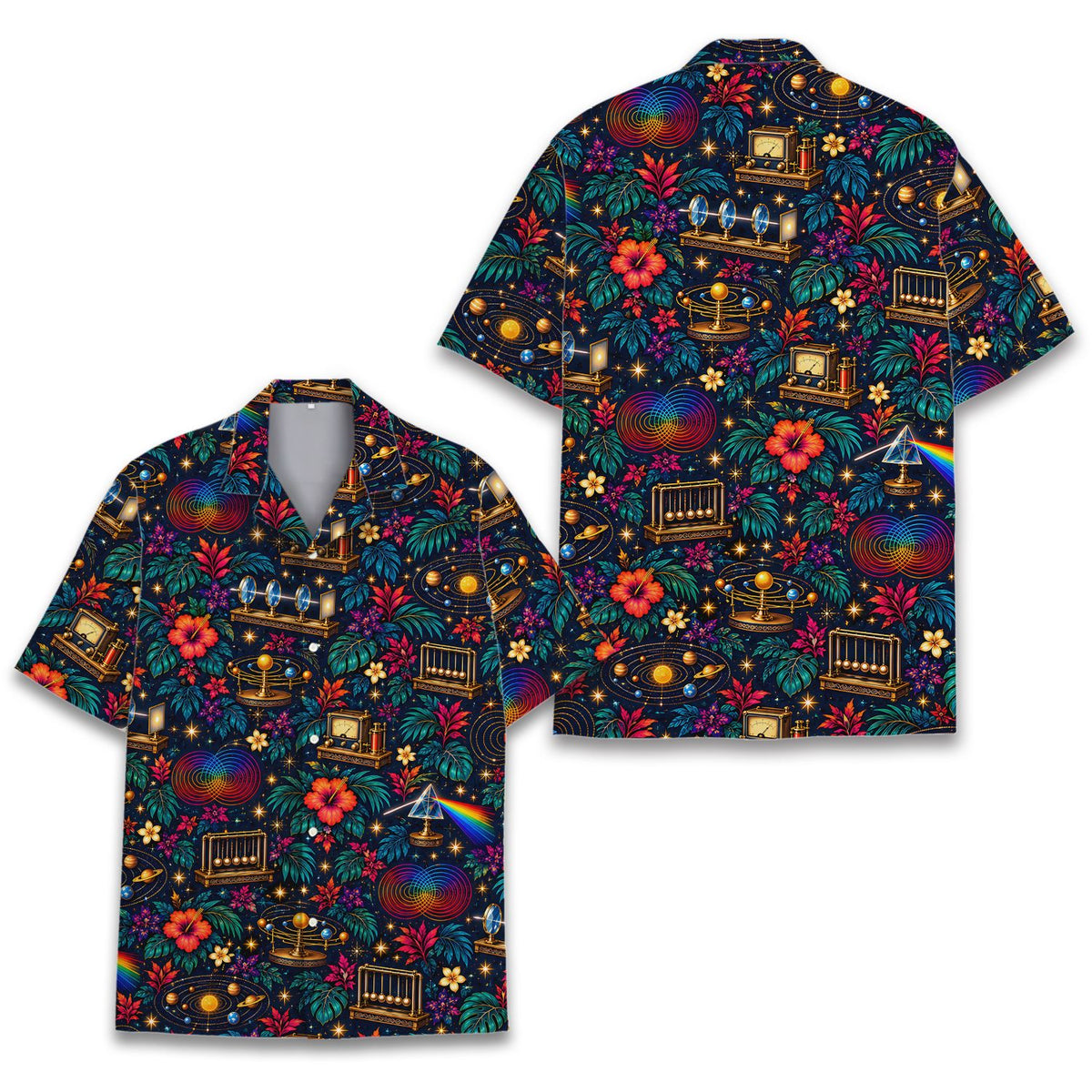 Detailed front view of the cosmic science floral Hawaiian shirt
