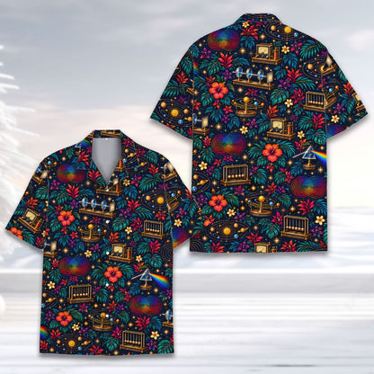 Close-up front view of the cosmic hawaiian shirt pattern