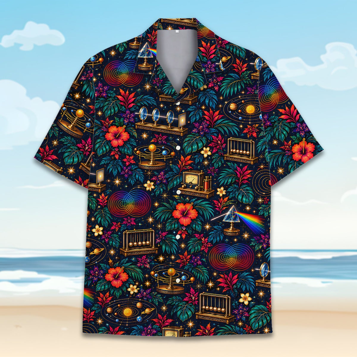 Main view of the cosmic science floral Hawaiian shirt featuring planets and tropical hibiscus on a navy background