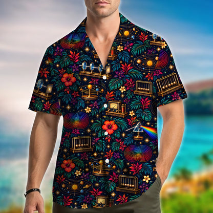Another lifestyle view of the matching family hawaiian shirts in a natural setting