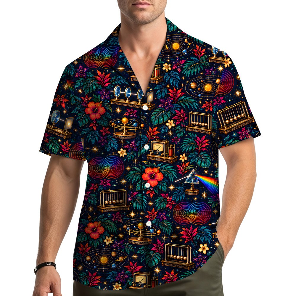 Lifestyle view of a person wearing the cosmic science floral Hawaiian shirt