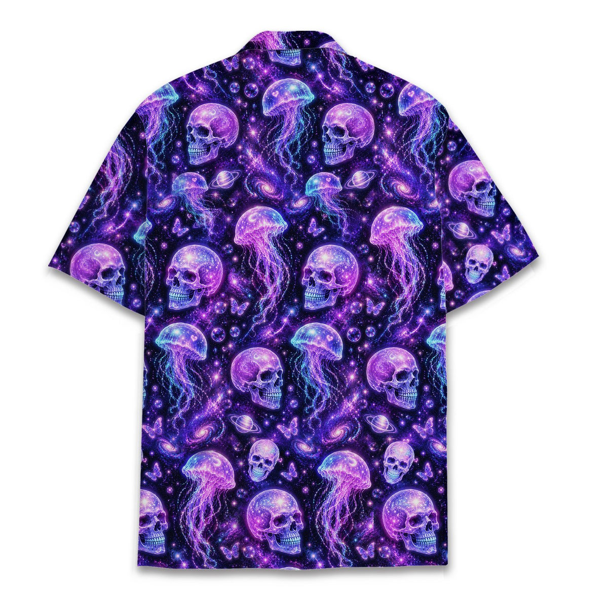Back view of the vibrant cosmic skull jellyfish hawaiian shirt