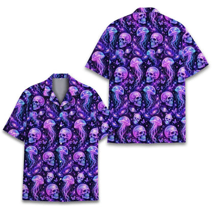 Front view of the matching family hawaiian shirt with cosmic skull and jellyfish print