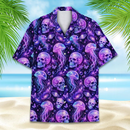 Second lifestyle view of the cosmic skull jellyfish hawaiian shirt outdoors