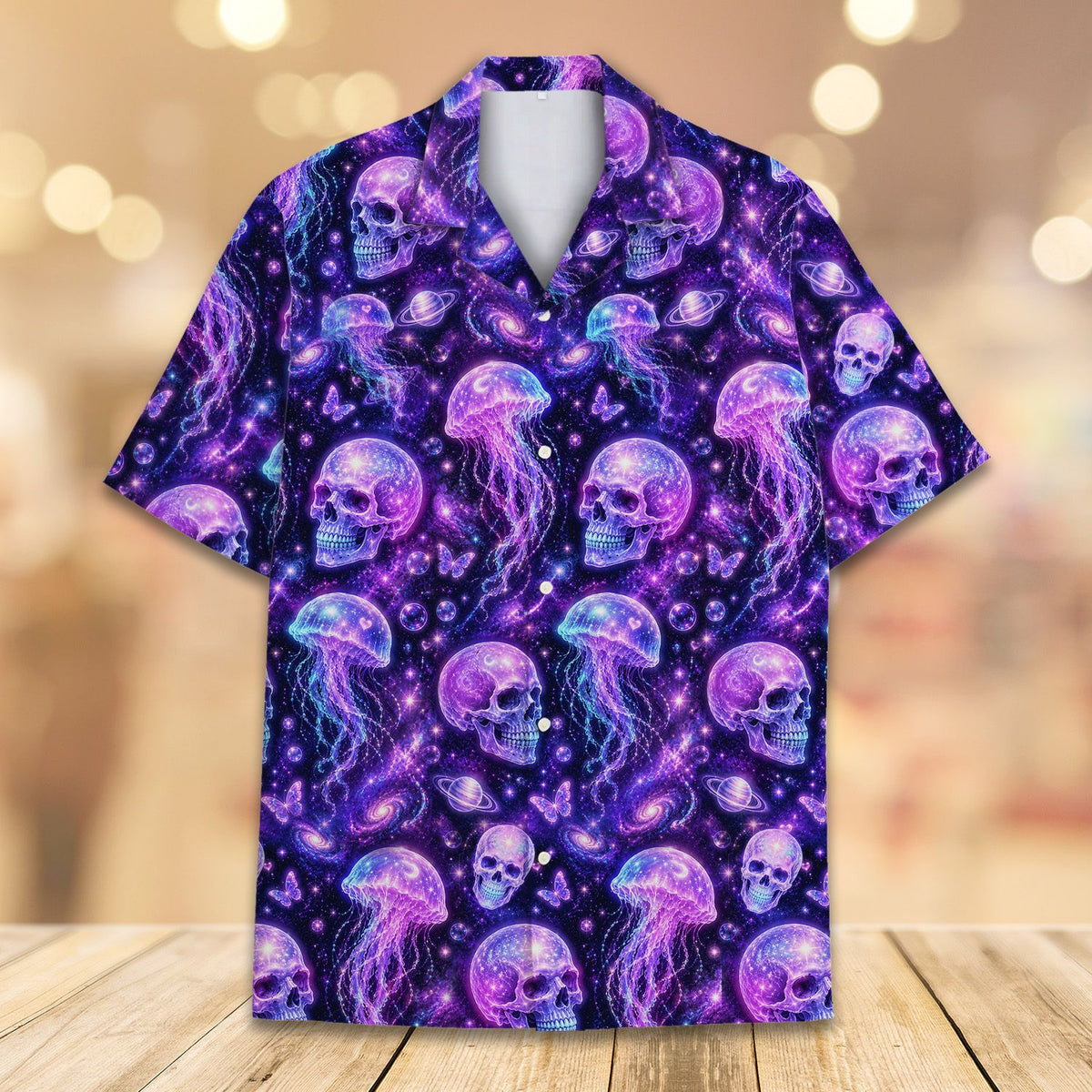 Third lifestyle view showcasing the purple and blue cosmic hawaiian shirt