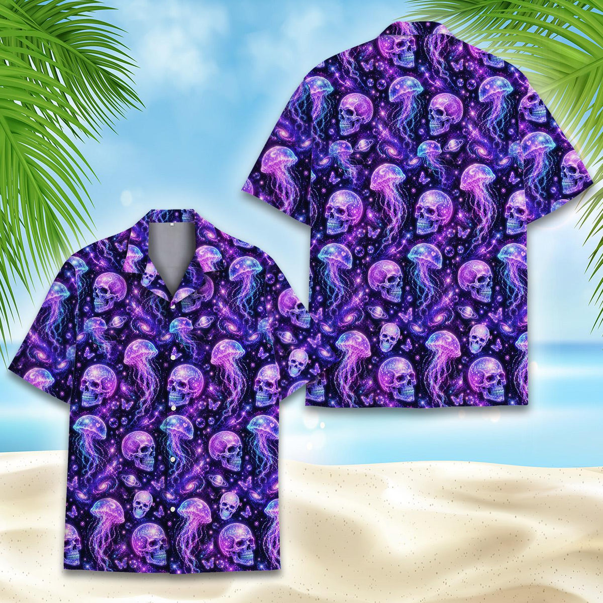 Fourth lifestyle view of the abstract cosmic skull jellyfish shirt