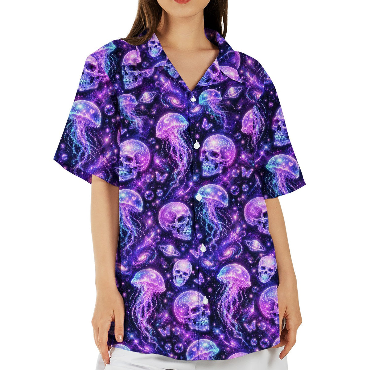 Fifth lifestyle view highlighting the unique galaxy skull and jellyfish pattern