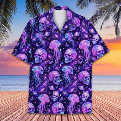 Lifestyle view of someone wearing the cosmic skull jellyfish matching family hawaiian shirt
