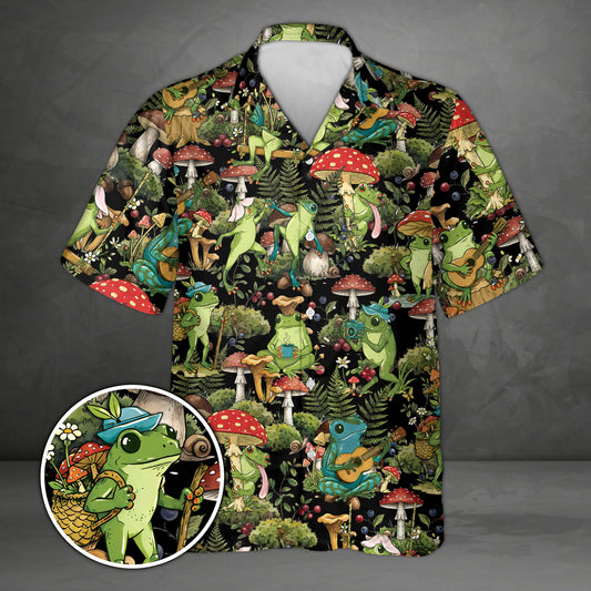 Black matching hawaiian shirts for family with cottagecore frog and mushroom design, front view