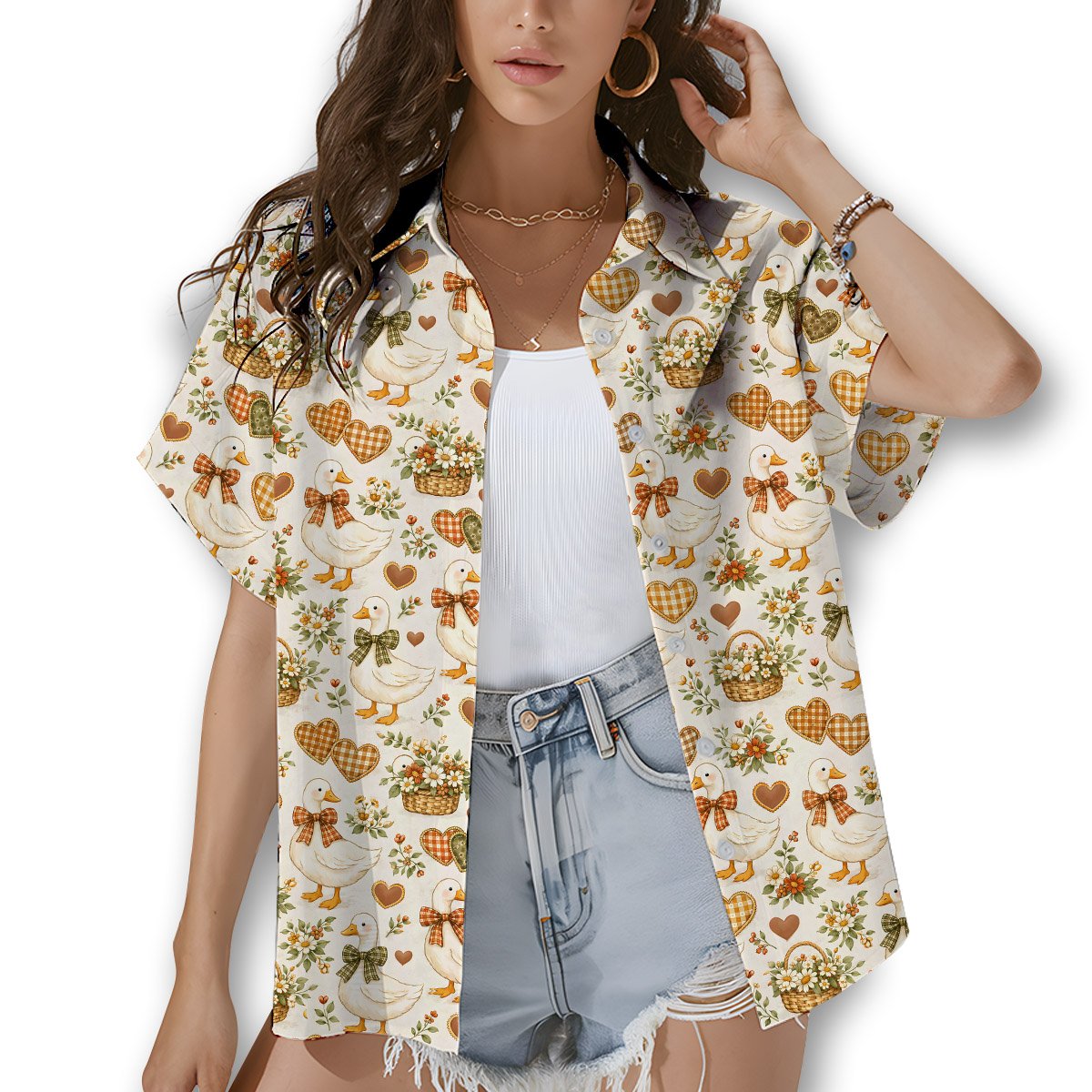 Second back view of the country geese hawaiian shirt on beige polyester