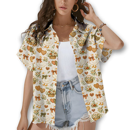 Second back view of the country geese hawaiian shirt on beige polyester
