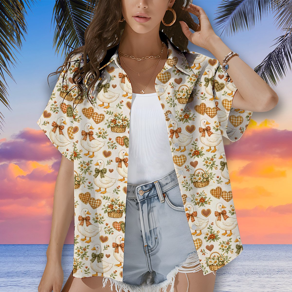 Another front view of the matching family hawaiian shirt showing the geese and hearts design