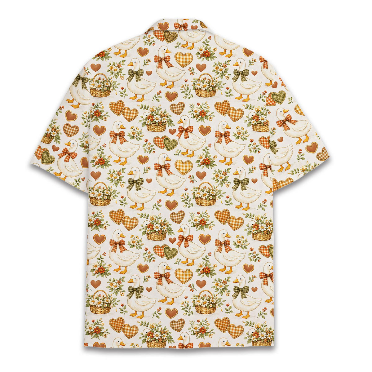 Main view of the country road hawaiian shirt featuring white geese and floral baskets on a light beige background
