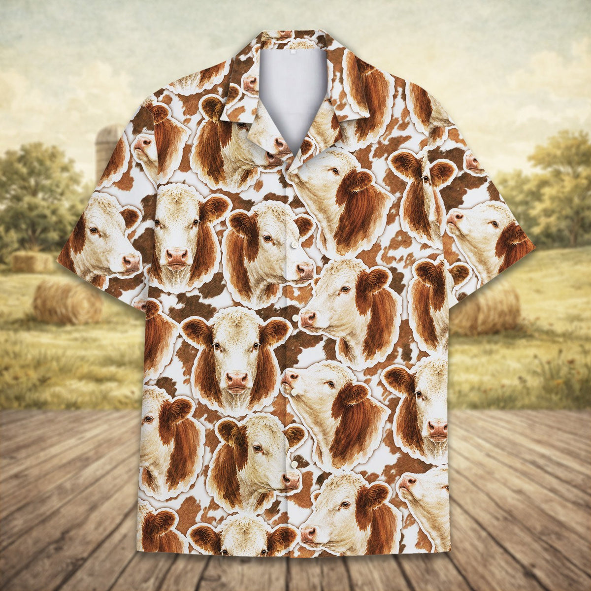 Detailed front view of the cow print hawaiian shirt