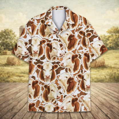 Detailed front view of the cow print hawaiian shirt