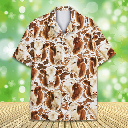 Brown and white cow print hawaiian shirt, front view