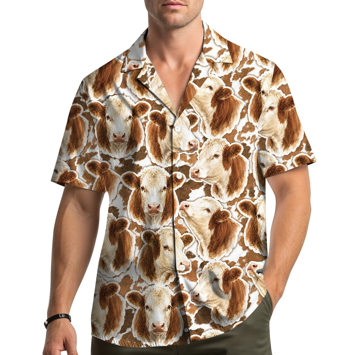 Lifestyle shot of an adult wearing the cow hawaiian shirt