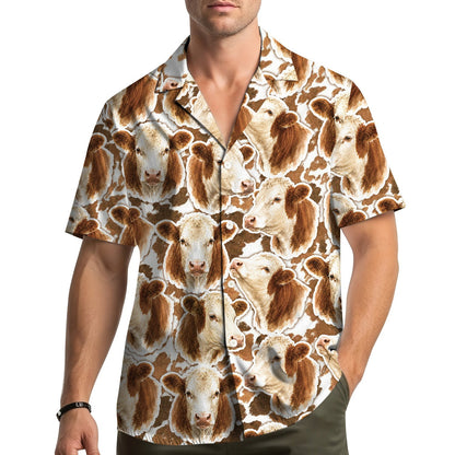 Lifestyle shot of an adult wearing the cow hawaiian shirt
