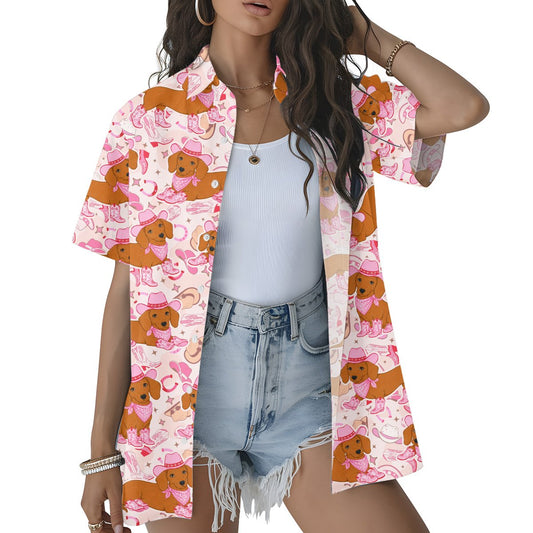 Pink cowboy dog matching family hawaiian shirt, front view