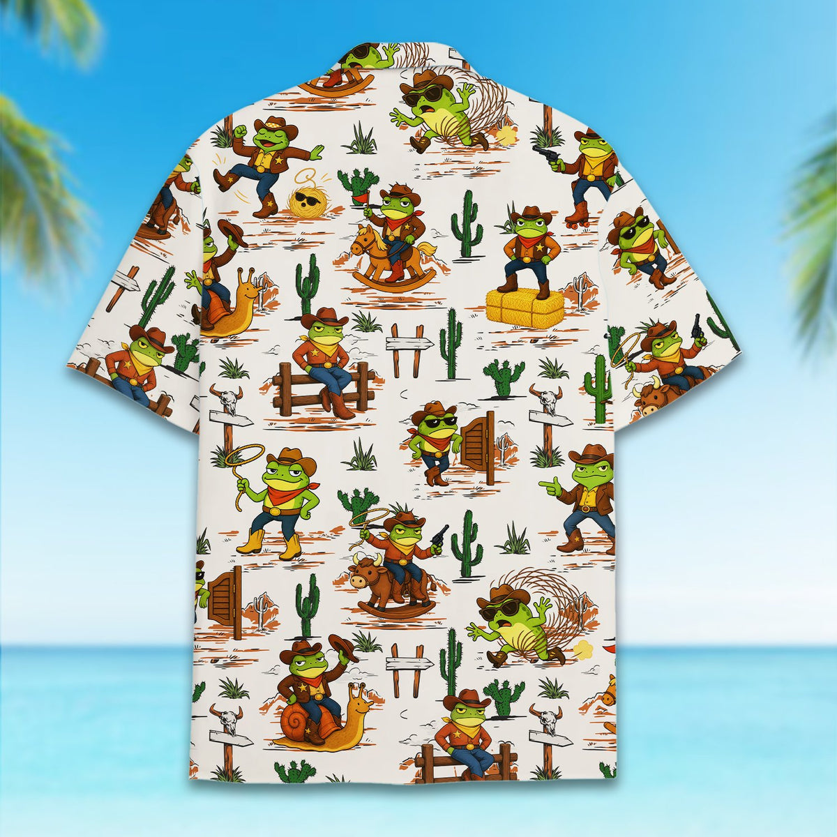 Back view of the cowboy frogs hawaiian shirt