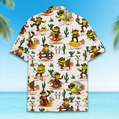 Back view of the cowboy frogs hawaiian shirt