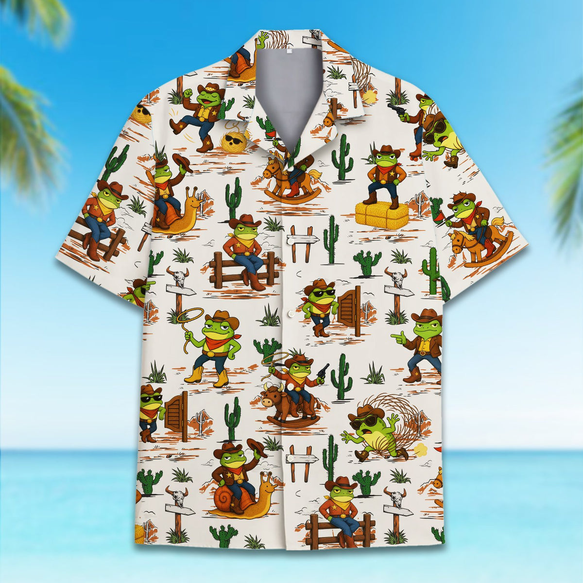 Close-up front view of the western frogs pattern on the hawaiian shirt
