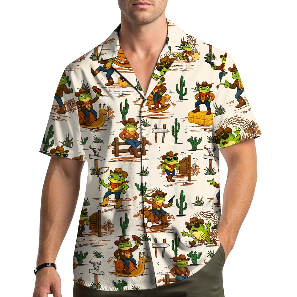 Main view of the cowboy frogs hawaiian shirt