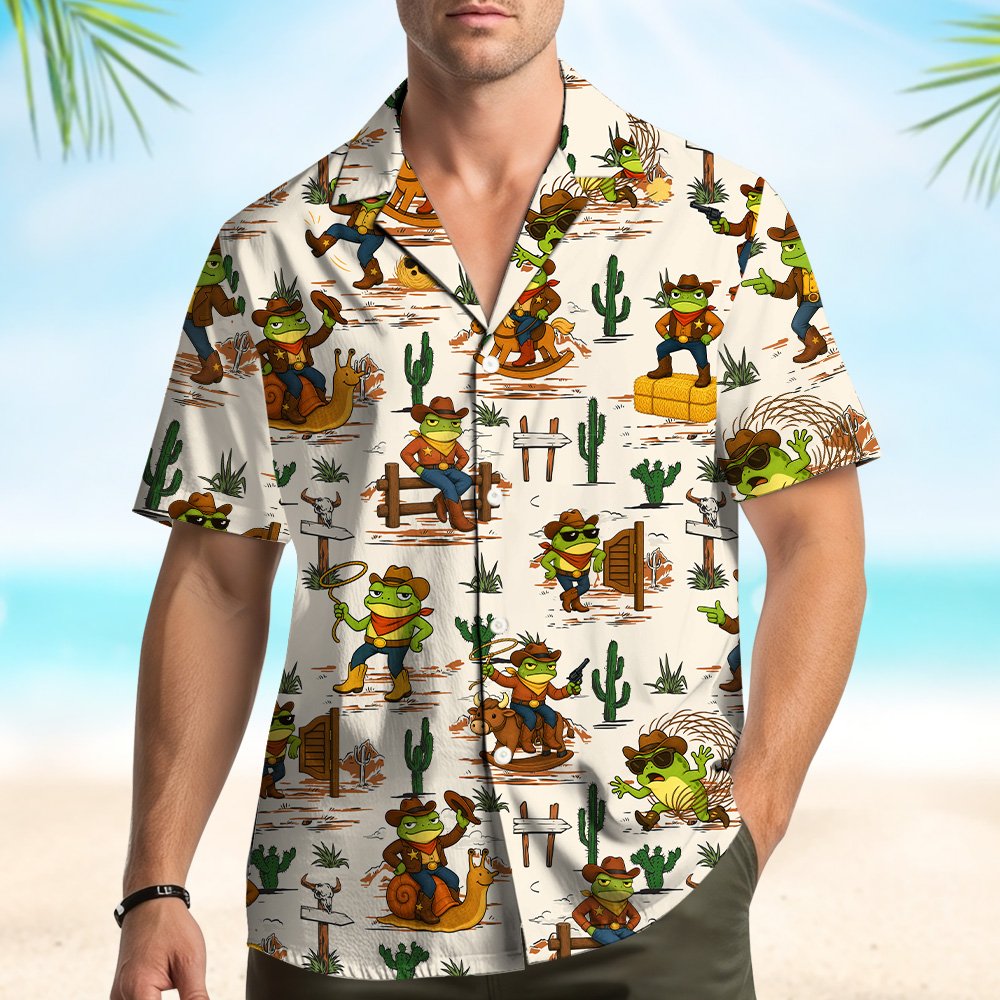 Another lifestyle view of the cowboy frogs print shirt