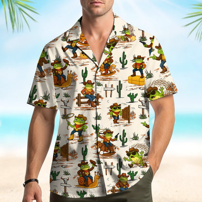 Another lifestyle view of the cowboy frogs print shirt