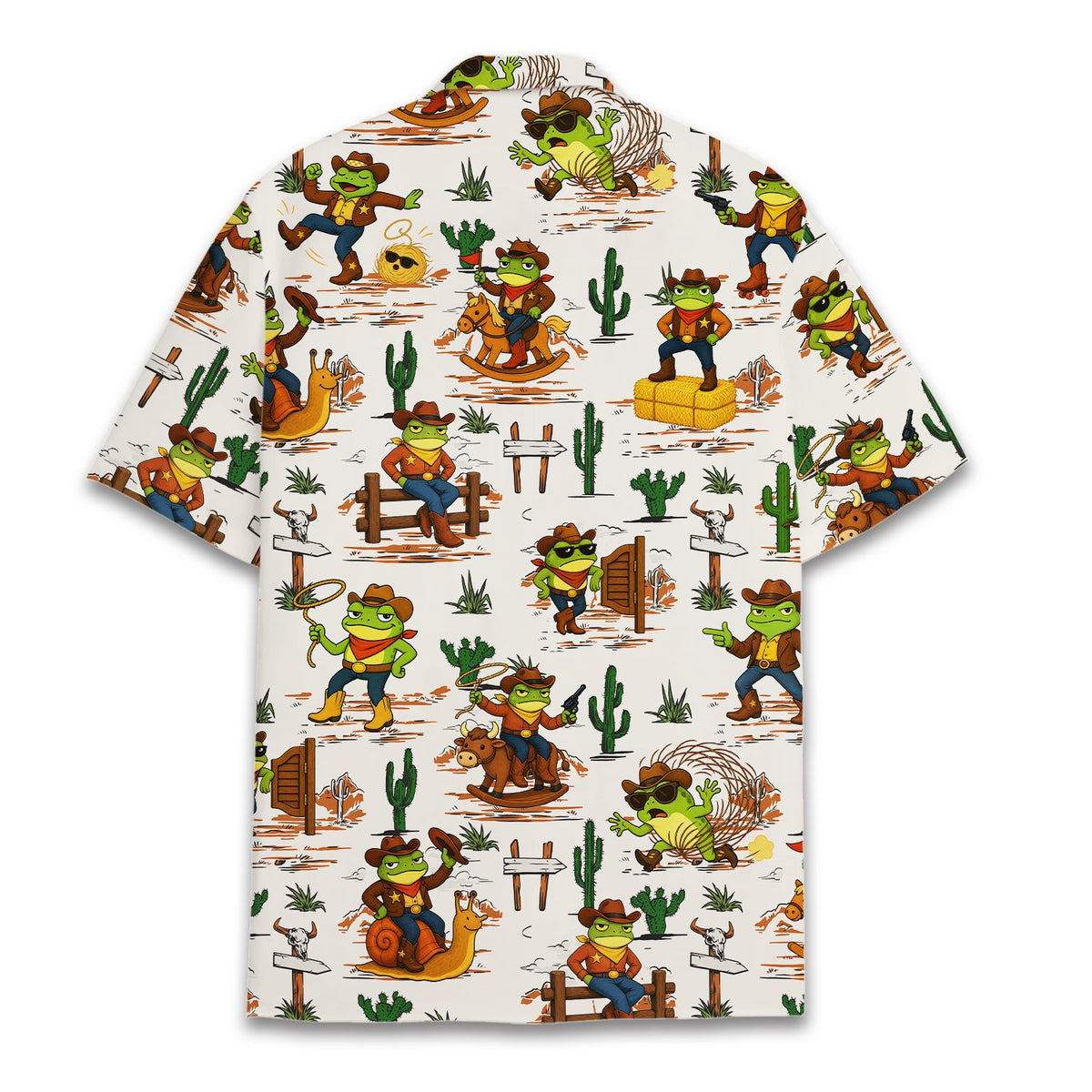 Person wearing the white cowboy hawaiian shirt outdoors