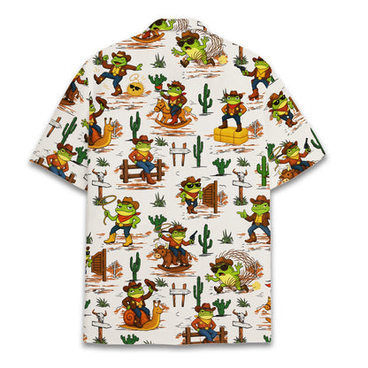 Person wearing the white cowboy hawaiian shirt outdoors