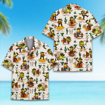 Close-up lifestyle shot of the western frog pattern shirt