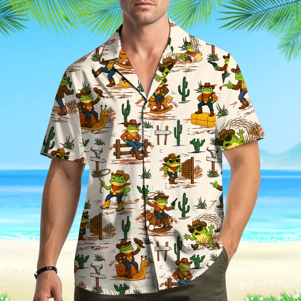 Lifestyle shot of the matching family hawaiian shirts with cowboy frogs