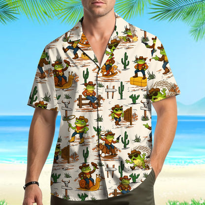 Lifestyle shot of the matching family hawaiian shirts with cowboy frogs