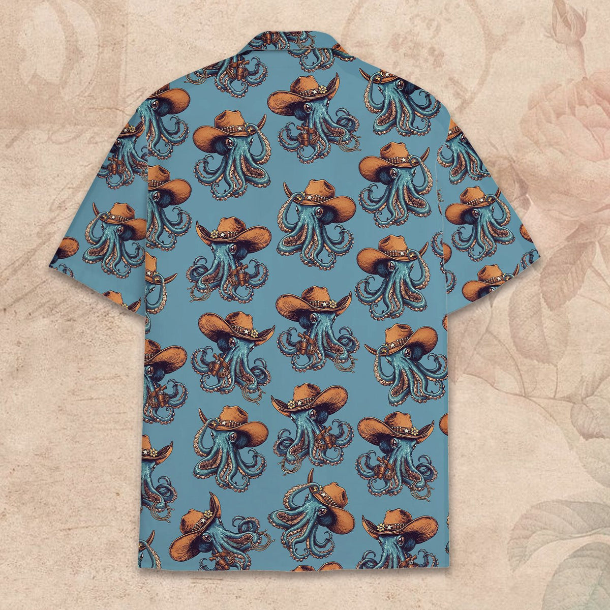 Back view of the blue cowboy hawaiian shirt showing the all-over print