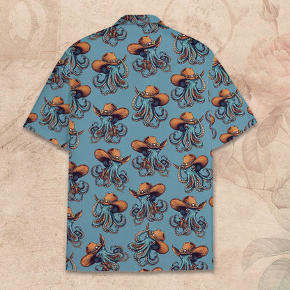 Back view of the blue cowboy hawaiian shirt showing the all-over print