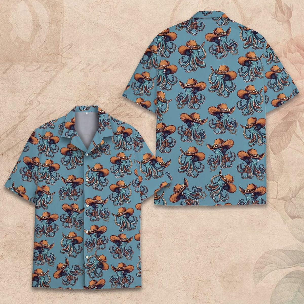 Close up front view of the blue cowboy hawaiian shirt