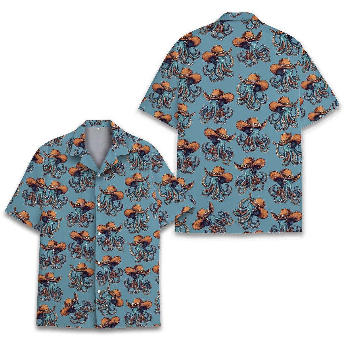 Alternate front view of the cowboy octopus hawaiian shirt