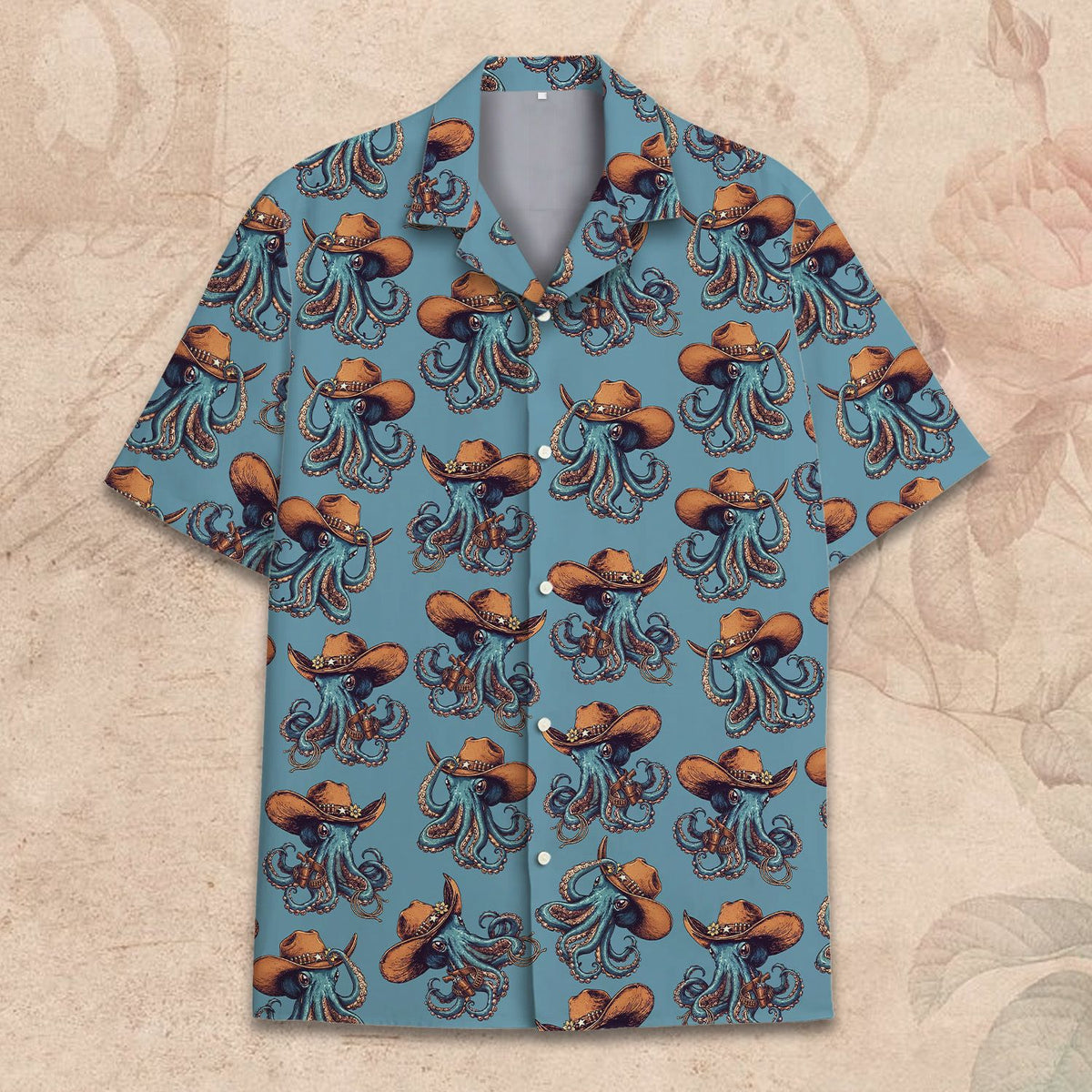 Cowboy octopus hawaiian shirt featuring a blue background and retro pattern, main view