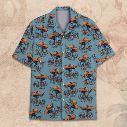 Cowboy octopus hawaiian shirt featuring a blue background and retro pattern, main view